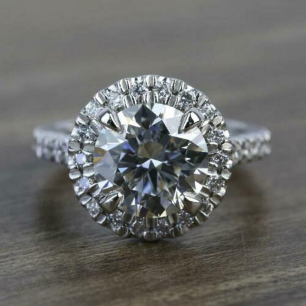 2.50 Carat Round Halo Diamond Wedding Ring VVS1/D Moissanite Silver Ring